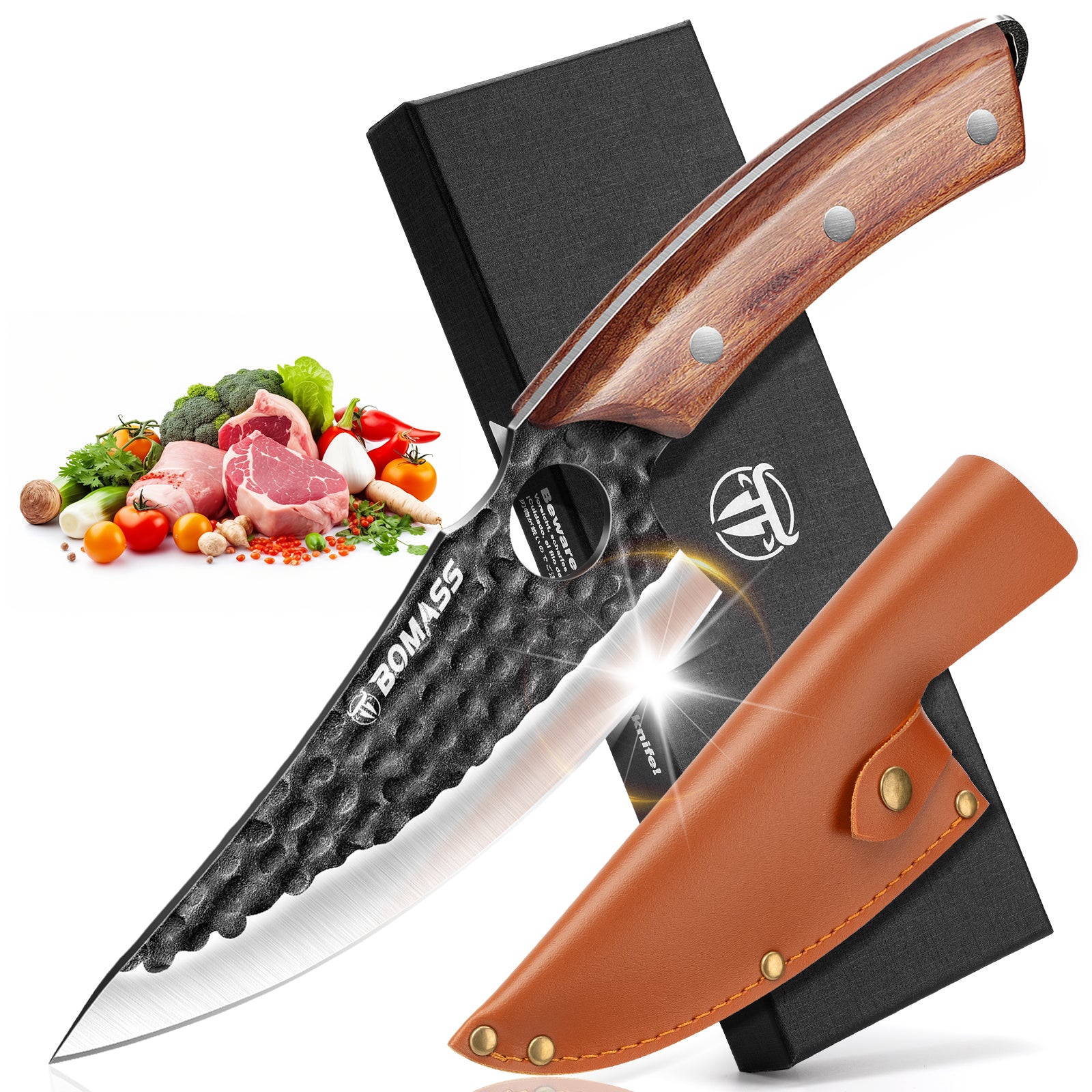 BOMASSFORGE Chef Knife - Viking Kitchen Knife, Hand Forged Butcher Knife for Meat Cutting, High Carbon Steel Japanese Knife with Sheath, Meat Cleaver for Home, Camping, BBQ, Gifts for Men, 6.1 Inch