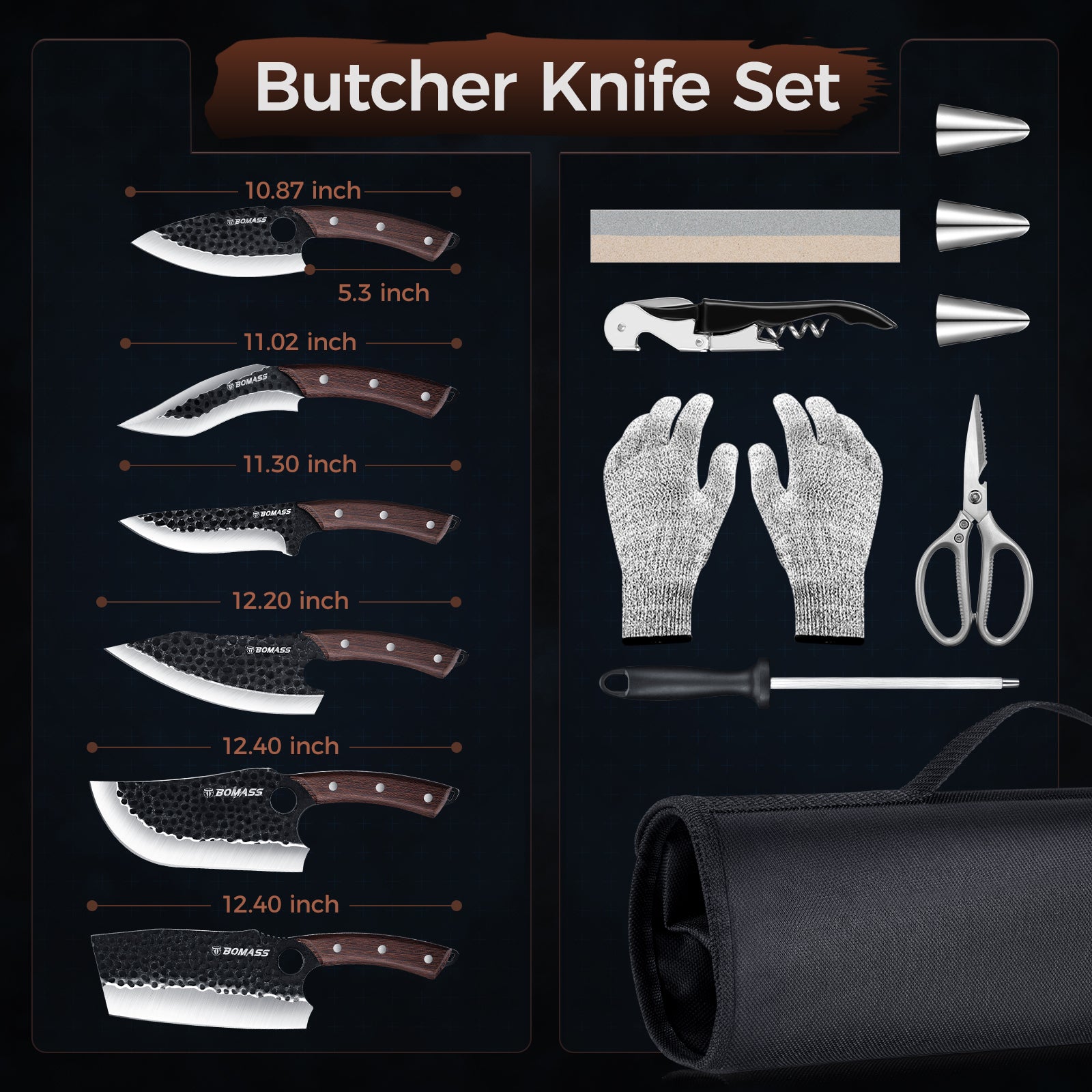 meat-cleaver-butcher-knife-set-of-13-hand-forged-santoku-knife-cleaver-knife-paring-knife-high-carbon-steel-kitchen-boning-knife-for-meat-cutting-with-roll-bag-accessories-kitchen-bbq-gift-for-men view 2