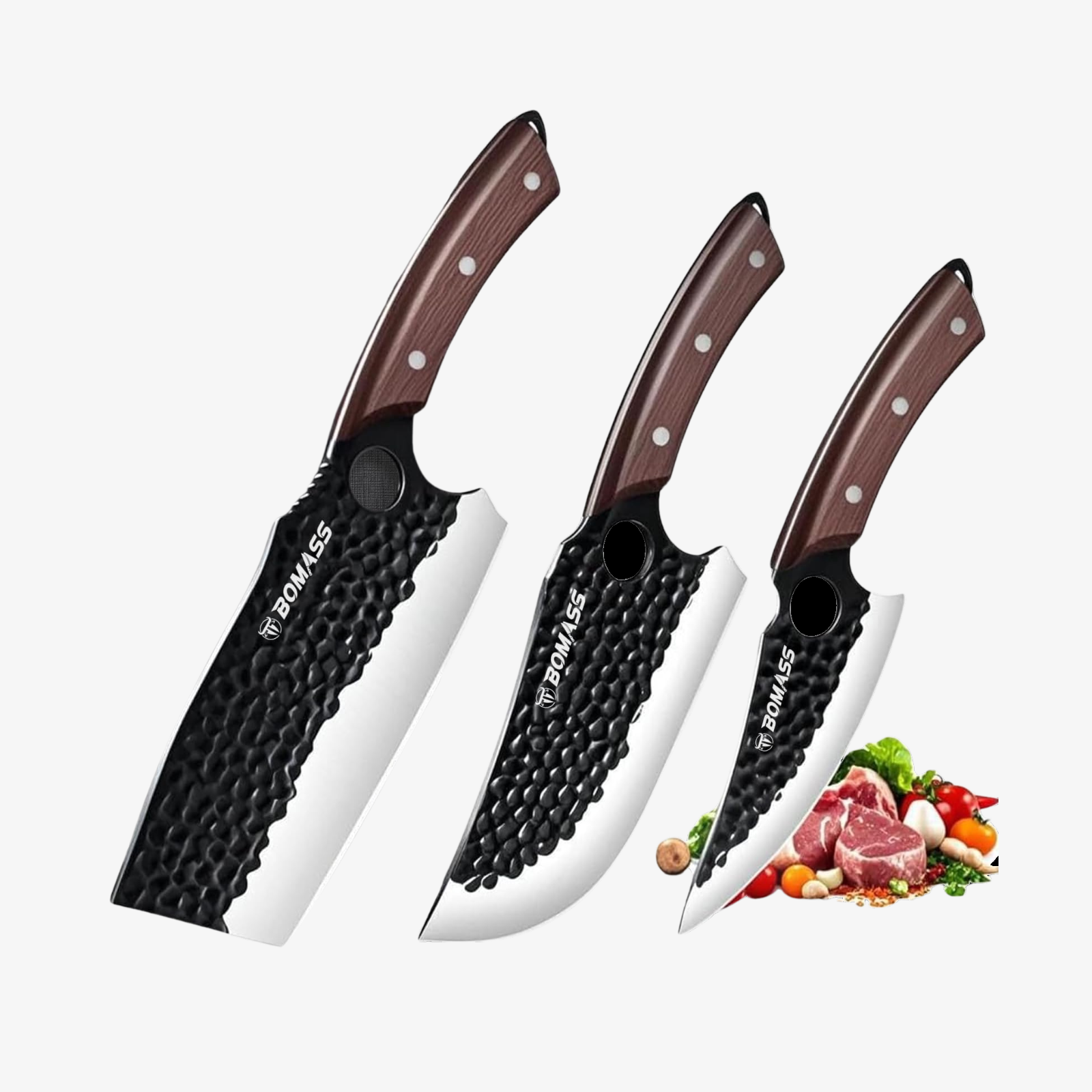 BOMASSFORGE Butcher Knife Meat Cleaver Knife, Hand Forged Japanese Knife Set of 3, High Carbon Kitchen Knife & Serbian Chef Knife & Boning Knife for Meat Cutting, Outdoor Cooking BBQ Camping Gift for Men