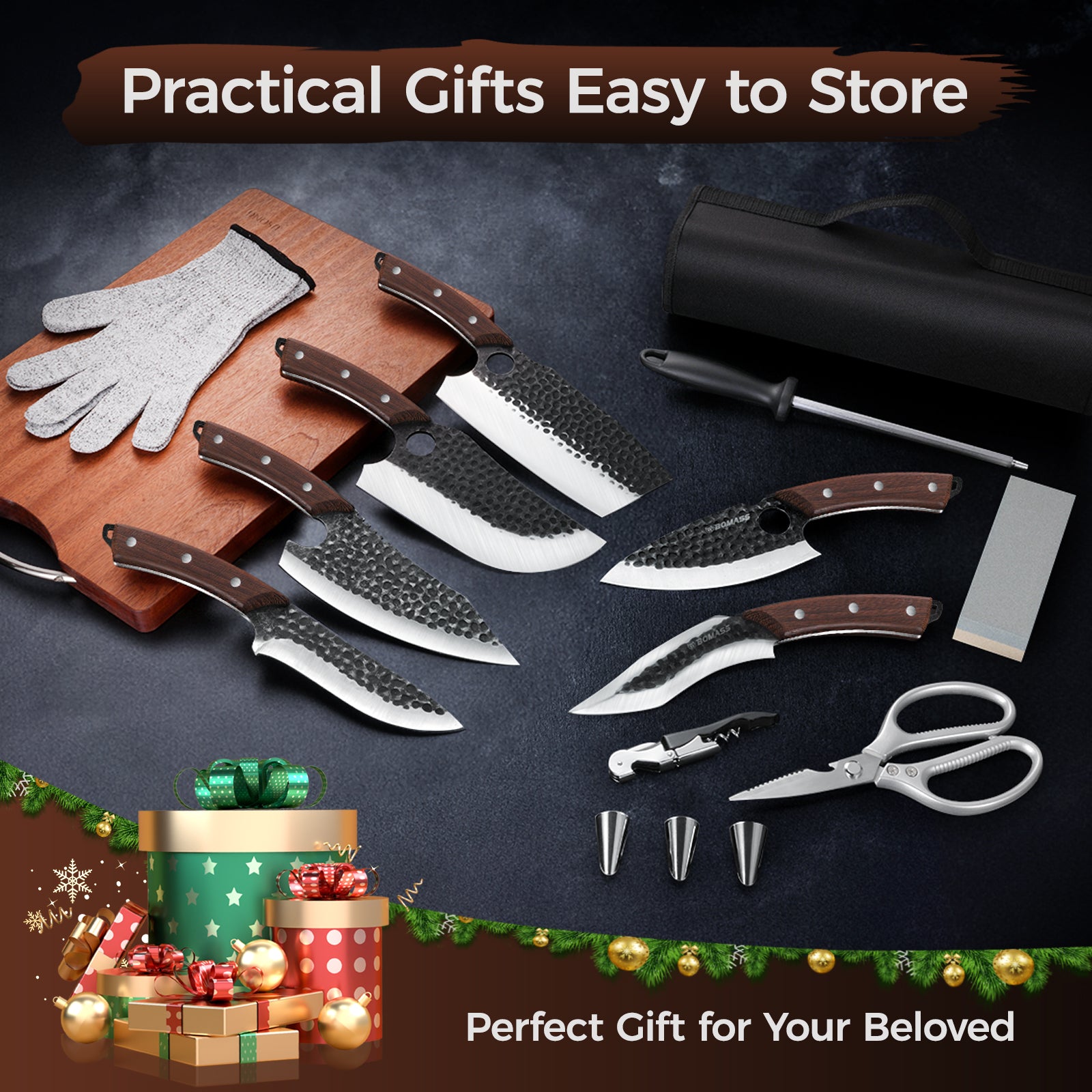 meat-cleaver-butcher-knife-set-of-13-hand-forged-santoku-knife-cleaver-knife-paring-knife-high-carbon-steel-kitchen-boning-knife-for-meat-cutting-with-roll-bag-accessories-kitchen-bbq-gift-for-men view 3