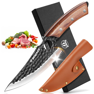 BOMASSFORGE Chef Knife - Viking Kitchen Knife, Hand Forged Butcher Knife for Meat Cutting, High Carbon Steel Japanese Knife with Sheath, Meat Cleaver for Home, Camping, BBQ, Gifts for Men, 6.1 Inch
