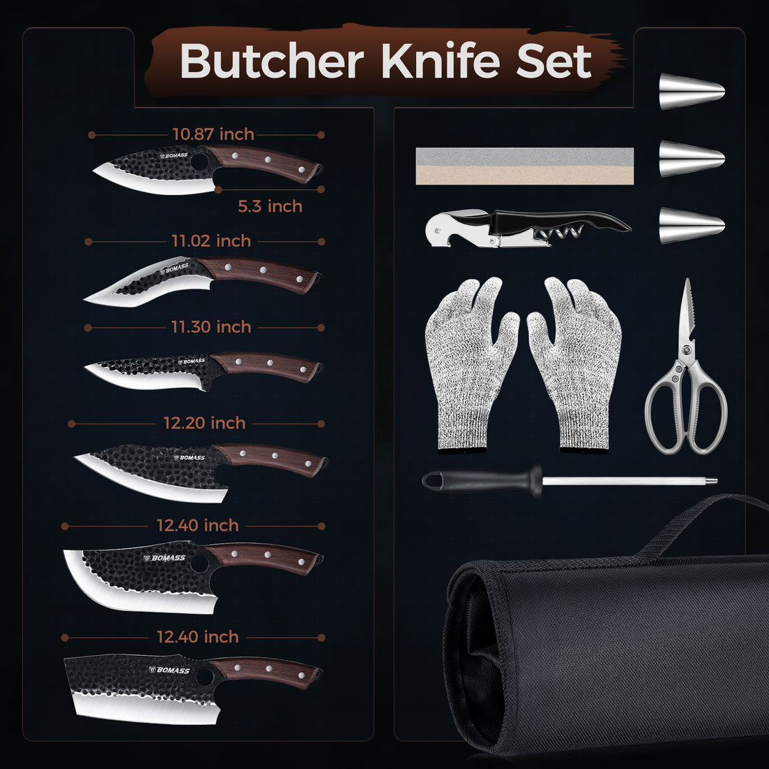 Meat Cleaver Butcher Knife Set of 13, Hand Forged Santoku Knife Kitchen Knives Set, High Carbon Steel Boning Knives for Meat Cutting with Roll Bag & Accessories Kitchen BBQ Gift for Men