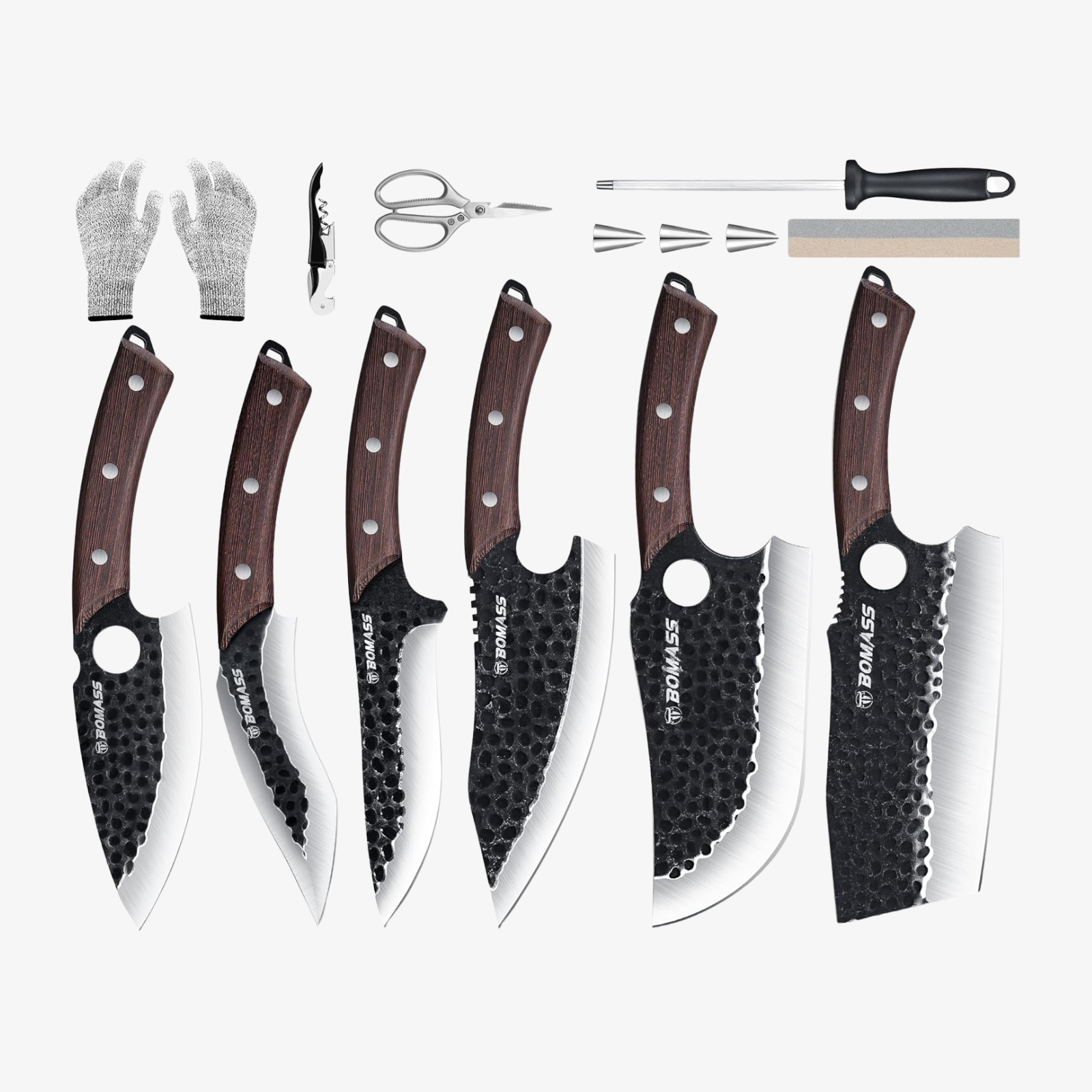 Meat Cleaver Butcher Knife Set of 13, Hand Forged Santoku Knife Kitchen Knives Set, High Carbon Steel Boning Knives for Meat Cutting with Roll Bag & Accessories Kitchen BBQ Gift for Men