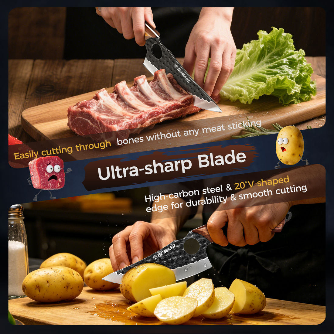 BOMASSFORGE Chef Knife - Viking Kitchen Knife, Hand Forged Butcher Knife for Meat Cutting, High Carbon Steel Japanese Knife with Sheath, Meat Cleaver for Home, Camping, BBQ, Gifts for Men, 6.1 Inch